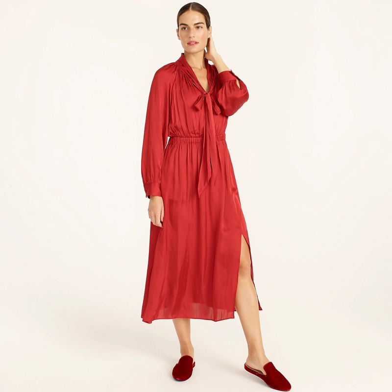 J. Crew Featherweight Satin Tie-Neck Dress in Deep Ruby $168