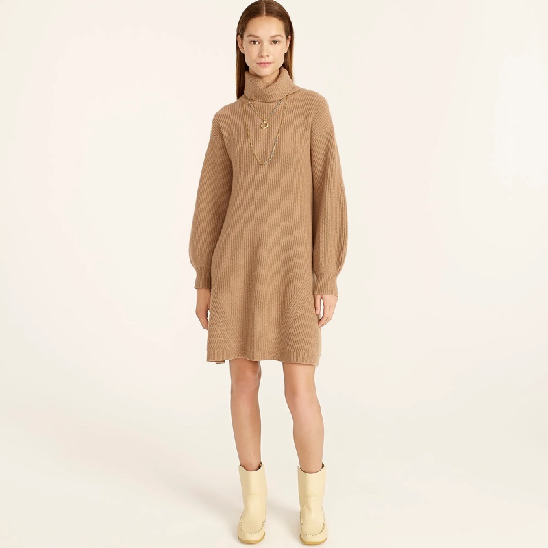 J. Crew Wool & Recycled-Cashmere Turtleneck Sweater Dress in Camel $298