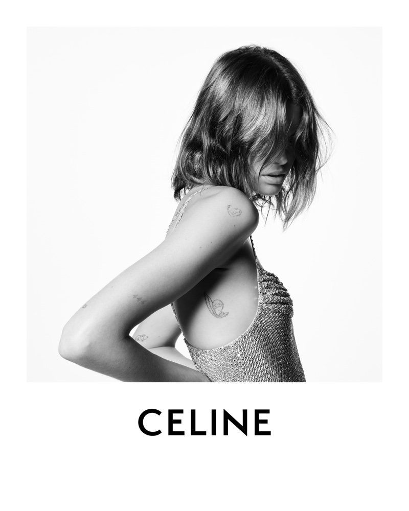 Showing off her tattoos, Kaia Gerber fronts Celine winter 2021 campaign.