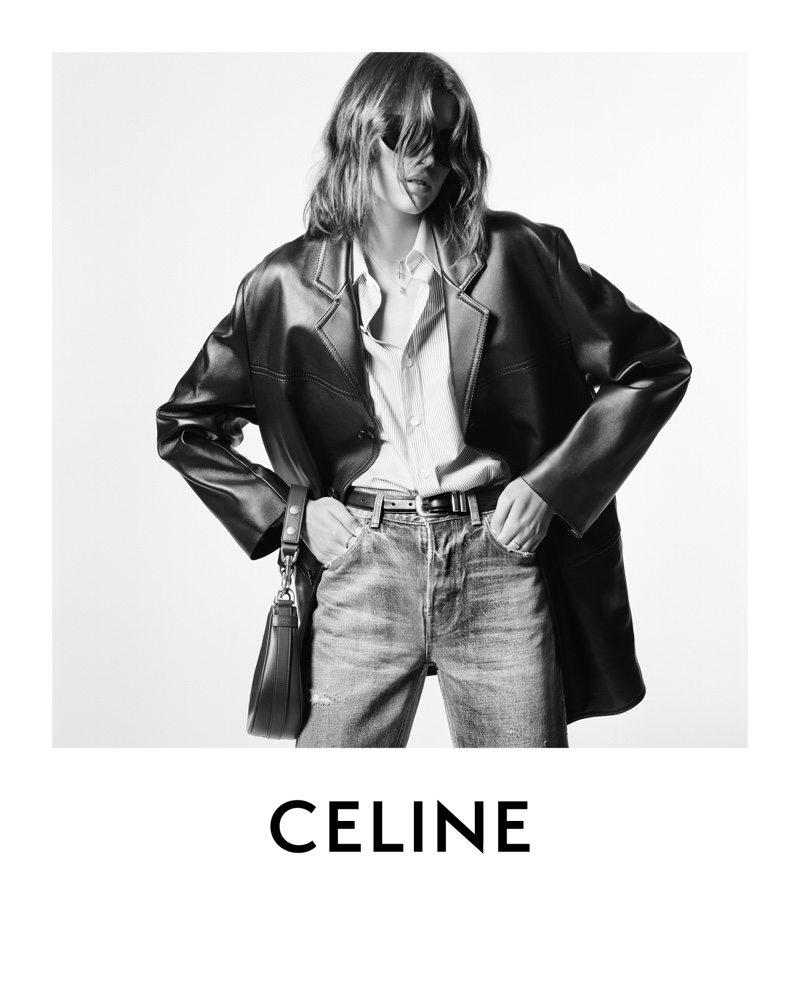 Kaia Gerber models oversized leather jacket in Celine winter 2021 campaign.