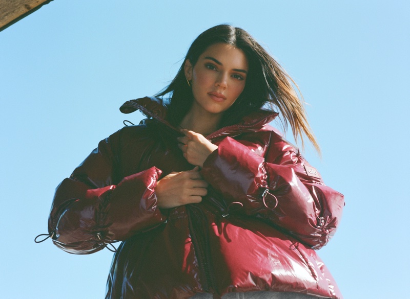 Kendall Jenner wears red style in Alo jackets & coats campaign.