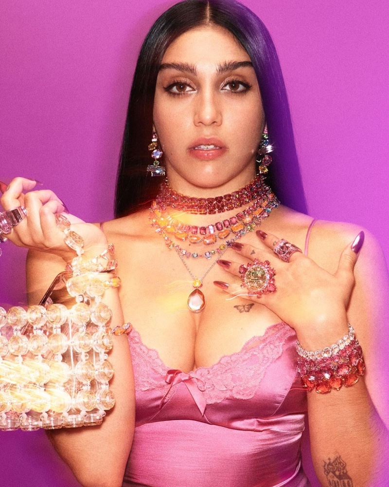 Looking pretty in pink, Lourdes Leon fronts Swarovski Collection II campaign.