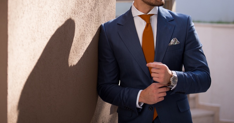 Male Model Blue Suit Orange Tie Cropped