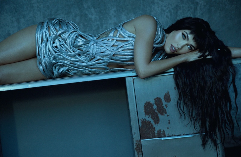 Megan Fox poses in silver Lever Couture dress and Vitaly jewelry. Photo: Daniella Midenge