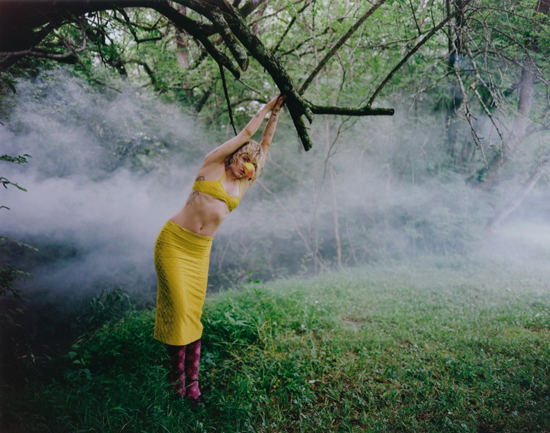 Wearing a toucan nose, Miley Cyrus models Gucci bra, skirt, and shoes. Photo: Brianna Capozzi/Interview, Courtesy Columbia Records