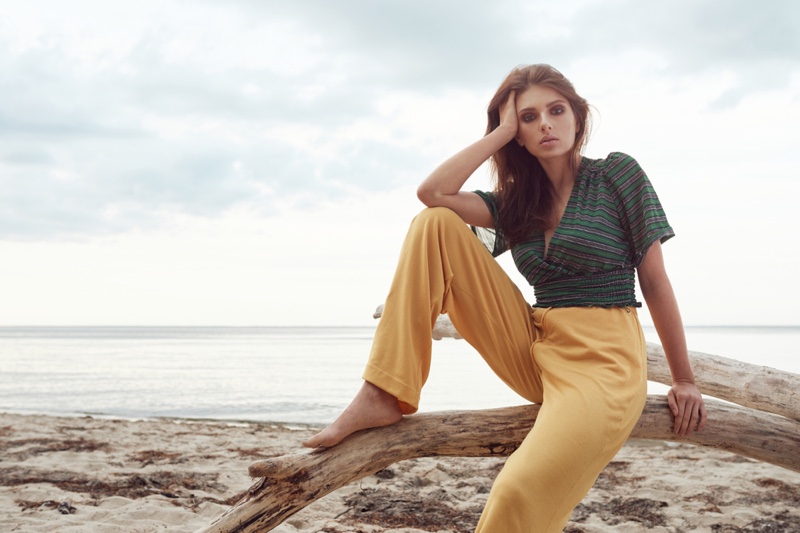 Model Beach Green Top Yellow Pants Trousers