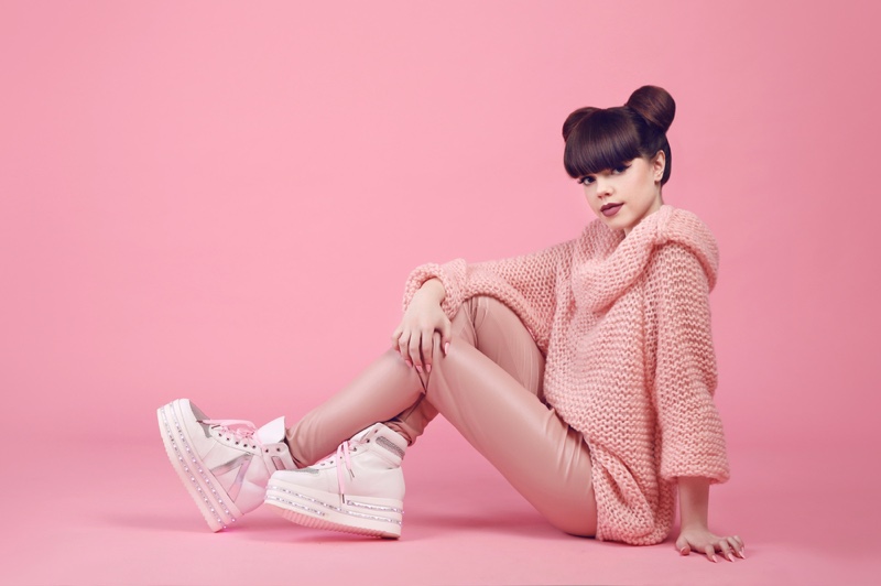 Model Pink Sweater Chunky Platform Sneakers