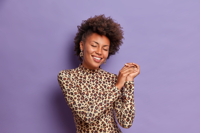 Natural Hair Model Turtleneck Leopard Print Top