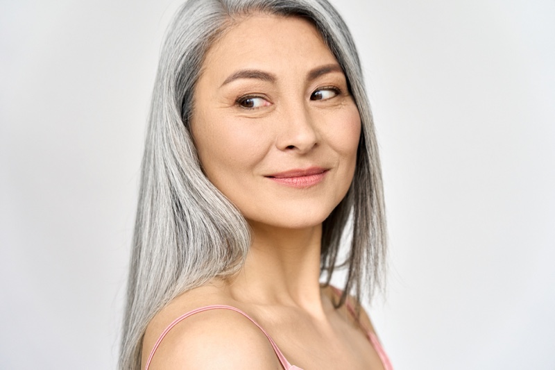 Older Asian Woman Grey Hair Beauty Skin