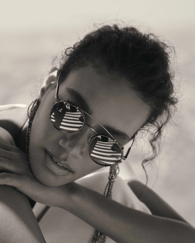 Arlenis Sosa wears Artemio sunglasses in Brunello Cucinelli x Oliver Peoples eyewear campaign.