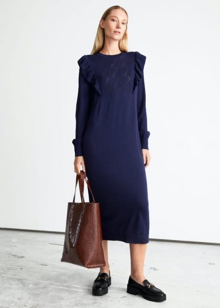 & Other Stories Pointelle Knit Midi Dress in Dark Blue $129