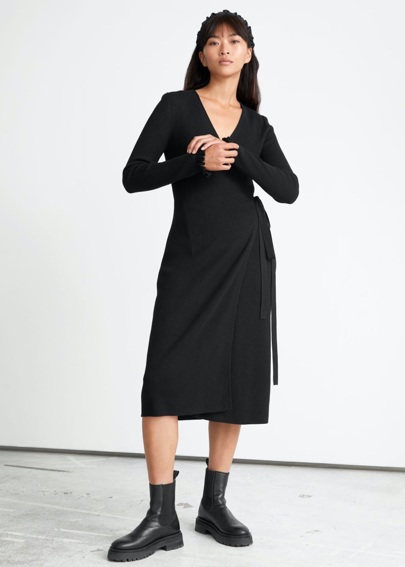 & Other Stories Ribbed Midi Wrap Dress in Black $119