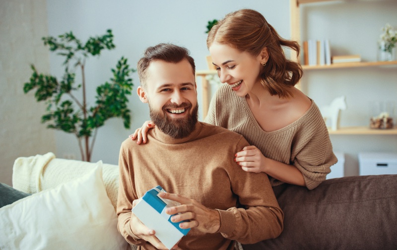 Smiling Couple Man Gift Box