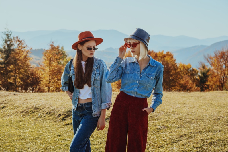 Two Models Denim Hats Fall Outfits