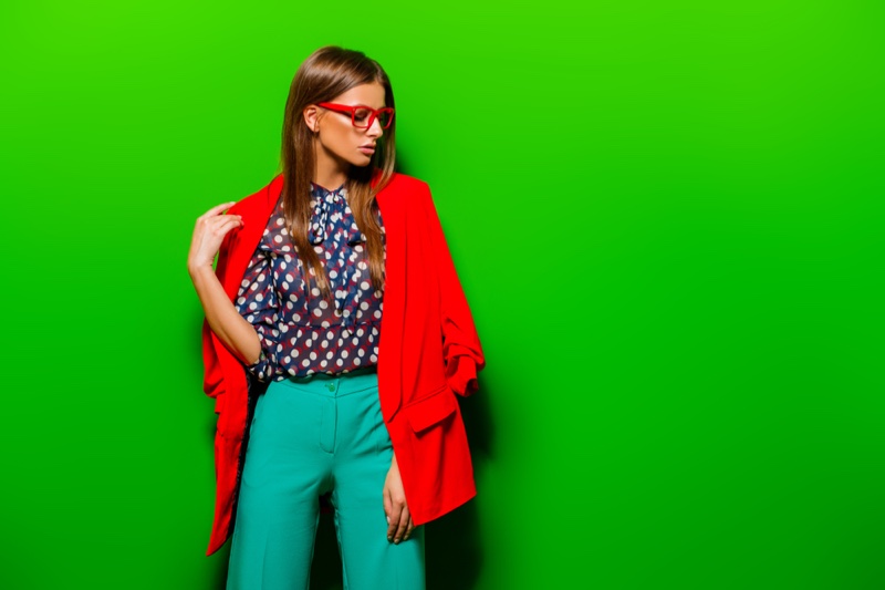 Woman Colorful Outfit Red Jacket Green Pants Printed Shirt
