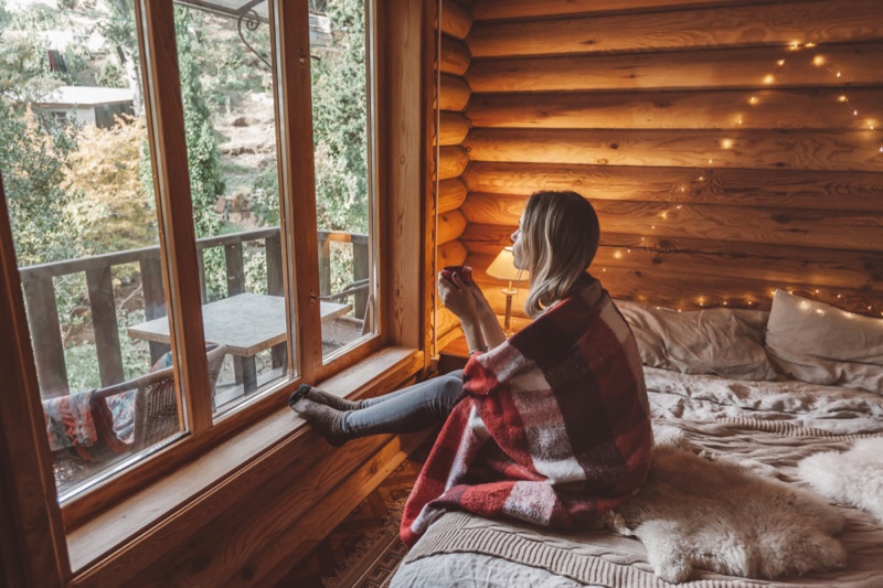 Woman Cozy Cabin Bedroom Cozy Window