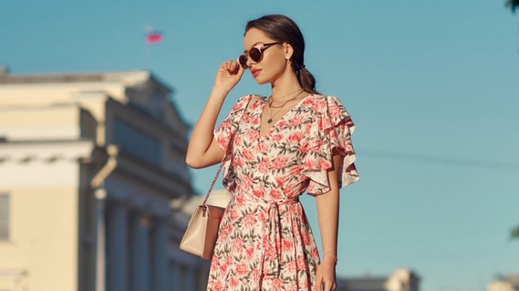 Woman Street Floral Print Wrap Dress Ruffles