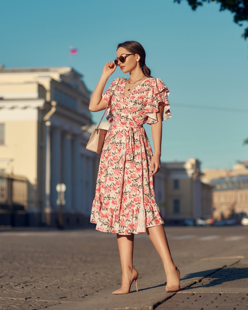 Woman Street Floral Print Wrap Dress Ruffles