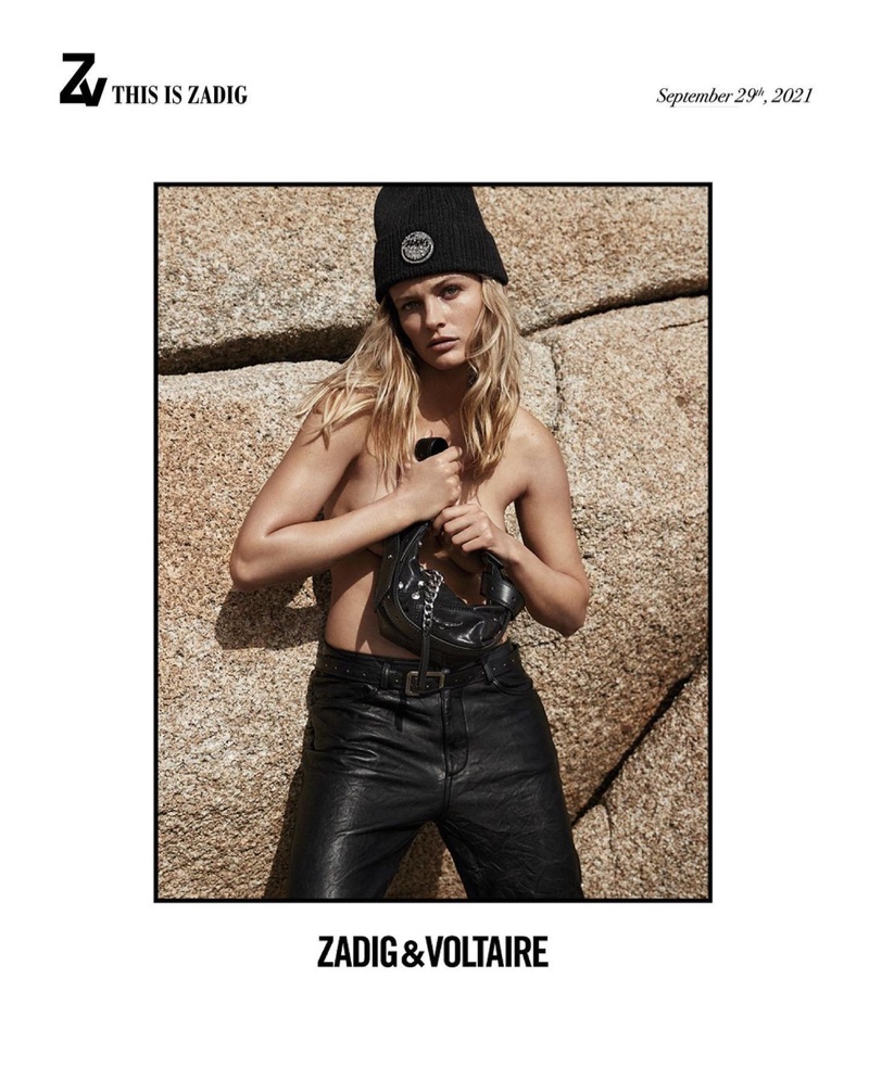 Edita Vilkeviciute poses with Le Cecilia XS bag for Zadig & Voltaire fall-winter 2021 campaign.