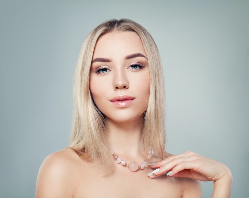 Blonde Model Wearing Pink Morganite Necklace