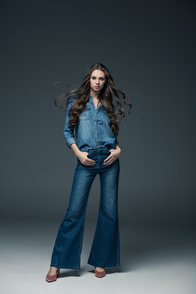Brunette Model Flared Jeans Denim Shirt