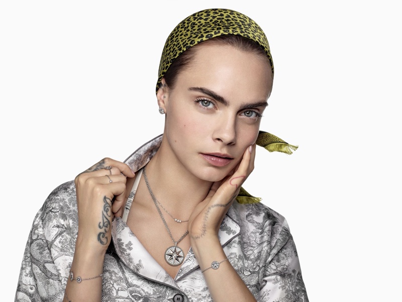 Model and actress Cara Delevingne poses in Dior Rose des Vents 2021 jewelry campaign.