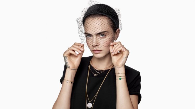 Wearing a veil, Cara Delevingne fronts Dior Rose des Vents 2021 jewelry campaign.