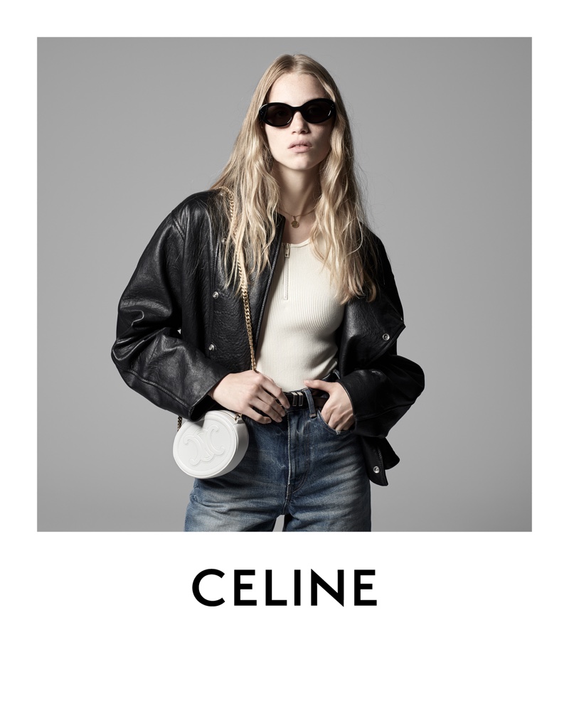 Model Rebecca Leigh Longendyke wears leather jacket in Celine Grands Classiques Session 4 campaign.