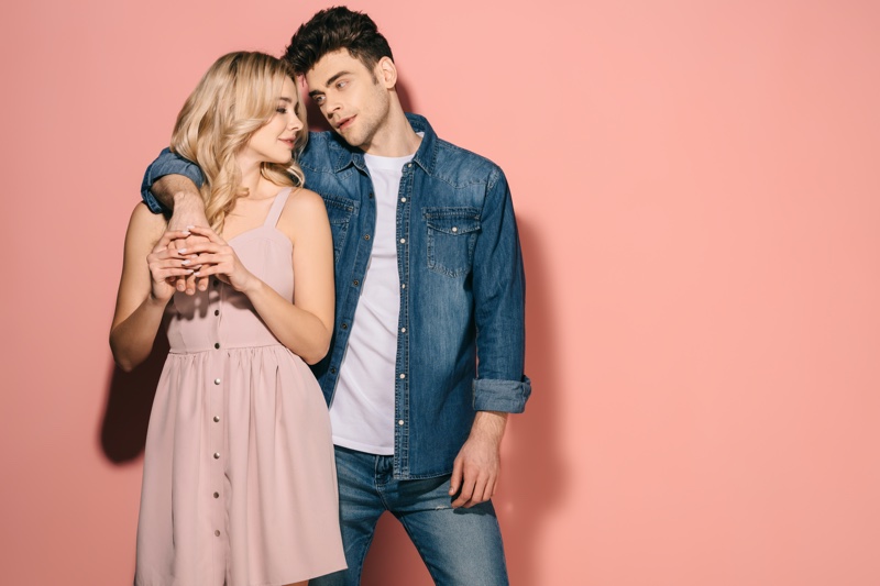 Couple Woman Pink Dress Man Denim Look