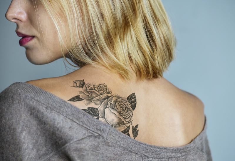 Cropped Black White Rose Tattoo Woman's Back