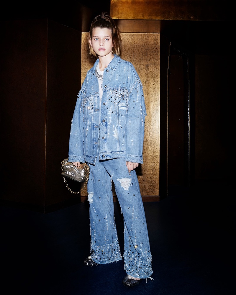 Wearing crystal-adorned denim, Ever Anderson fronts Miu Miu Nuit campaign. 