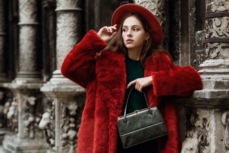 Fashion Model Red Fur Coat Bag Hat