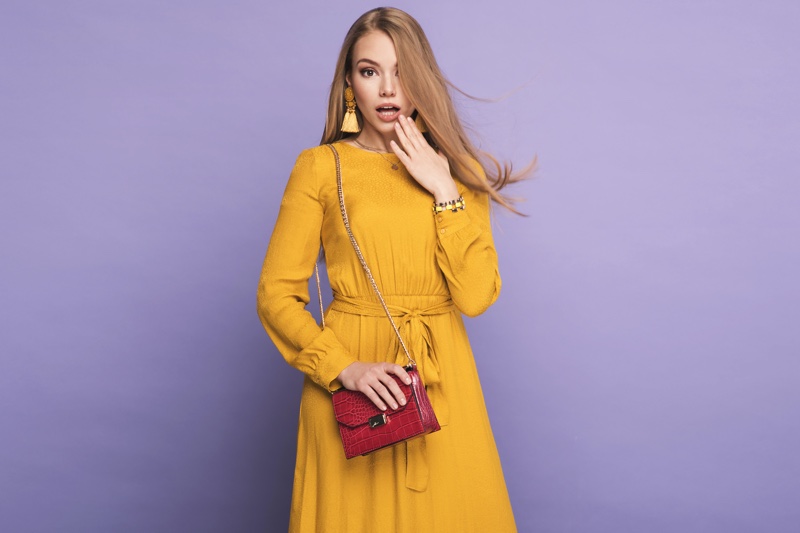 Fashion Model Yellow Dress Red Miniature Bag