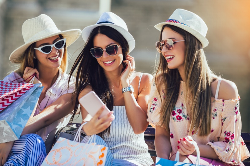 Group Women Shopping Style Looking Phone
