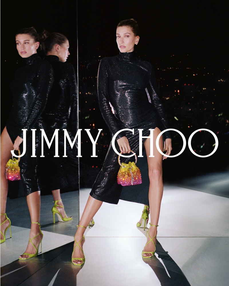 Jimmy Choo features model Hailey Bieber in its winter 2021 campaign.