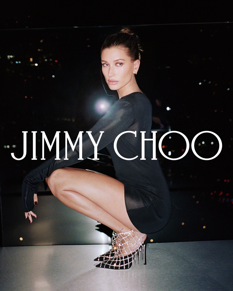 Striking a pose, Hailey Bieber fronts Jimmy Choo winter 2021 campaign.