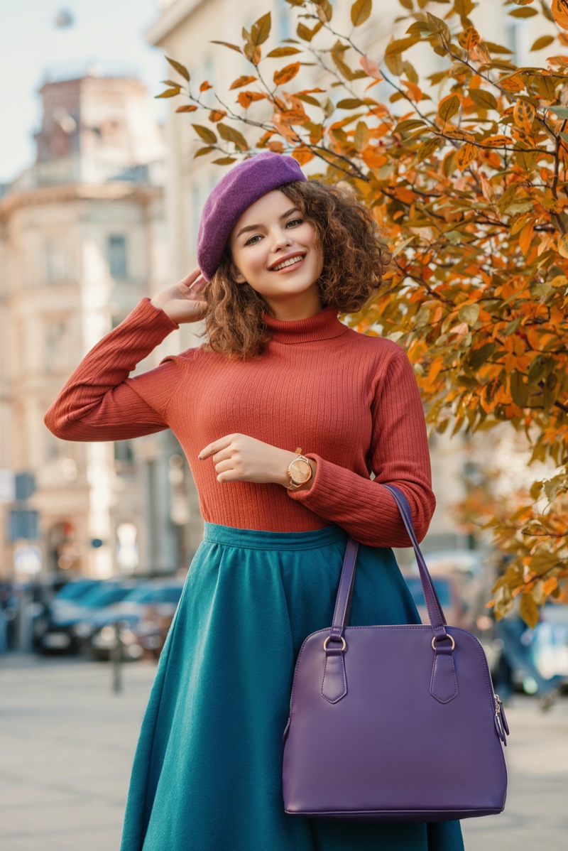 Happy Model Colorful Outfit Sweater Skirt Purple Bag