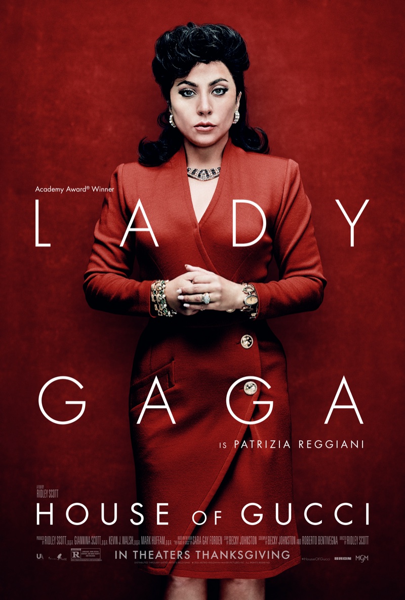 Dressed in red, Lady Gaga appears on House of Gucci poster.   | Photo Credit: Metro-Goldwyn-Mayer Pictures Inc.