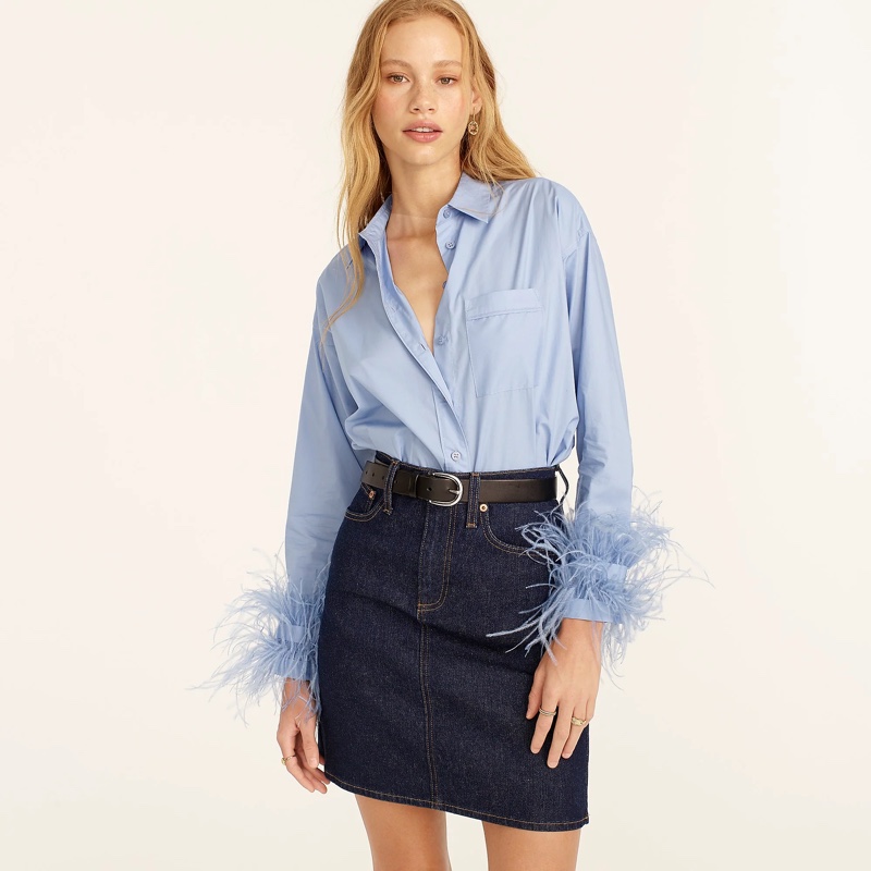J. Crew Collection Cotton Poplin Shirt with Feather Trim in Pale Seascape $198