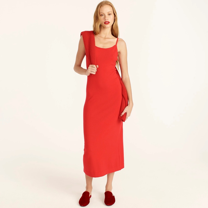 J. Crew Featherweight Cashmere Long Slip Dress in Holiday Red $268