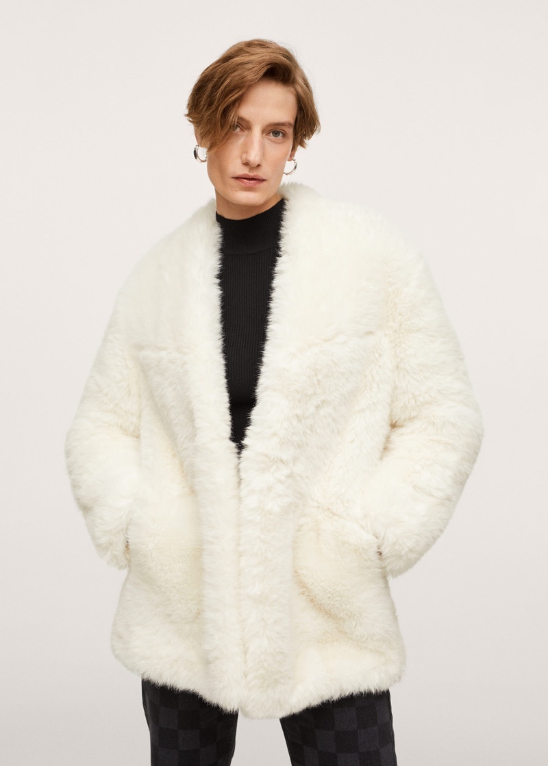Mango Oversize Faux-Fur Coat in Off-White $199.99