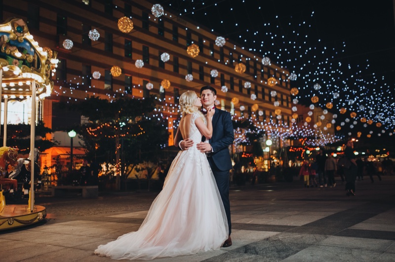 Married Couple Nighttime Photoshoot Bride Dress