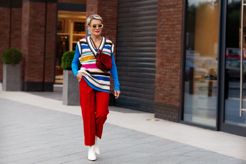 Mature Woman Colorful Knit Vest Red Pants