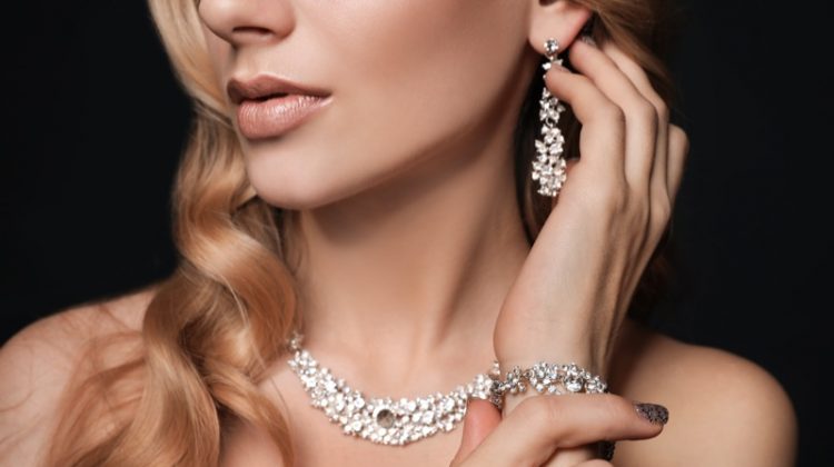 Model Closeup Diamond Jewelry Necklace Earrings Bracelet