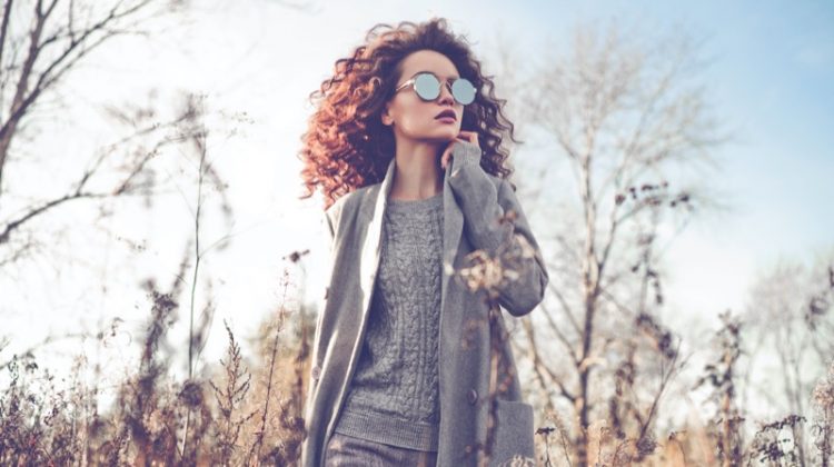 Model Grey Sweater Scarf Sunglasses Outdoors Outfit
