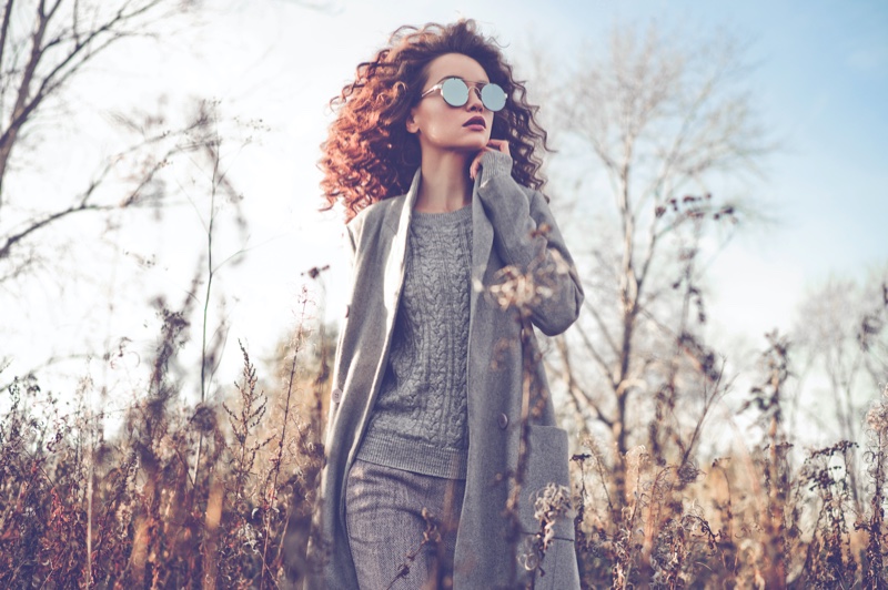 Model Grey Sweater Scarf Sunglasses Outdoors Outfit