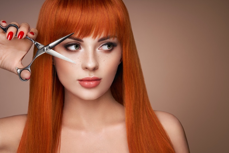 Model Scissors Long Orange Wig Hair Bangs