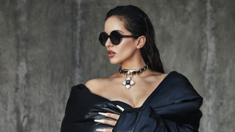 Rosalia wears Alfredo Martínez jacket with Chanel necklace and sunglasses. Photo: Greg Swales/Rolling Stone en Español, Courtesy Columbia Records