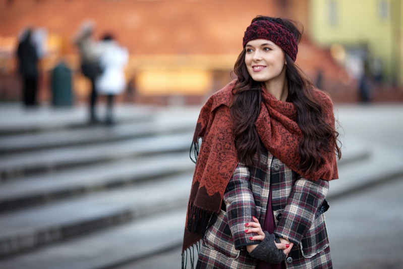 Smiling Woman Plaid Coat Shawl Headband Cold Weather
