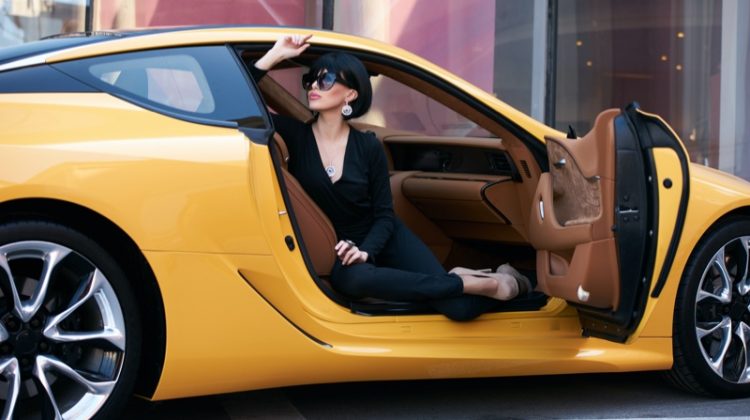 Stylish Woman Dress Black Yellow Sports Luxury Car